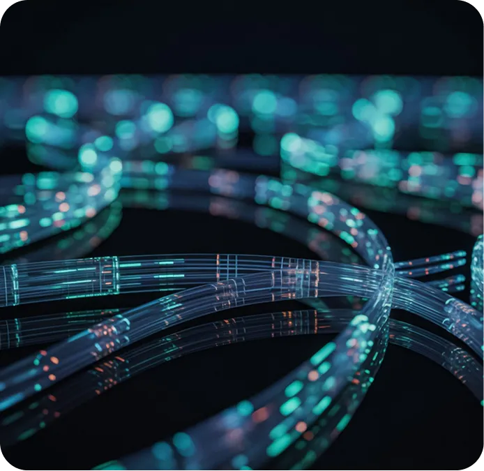 Fiber optic cables representing real-time travel data pipelines.